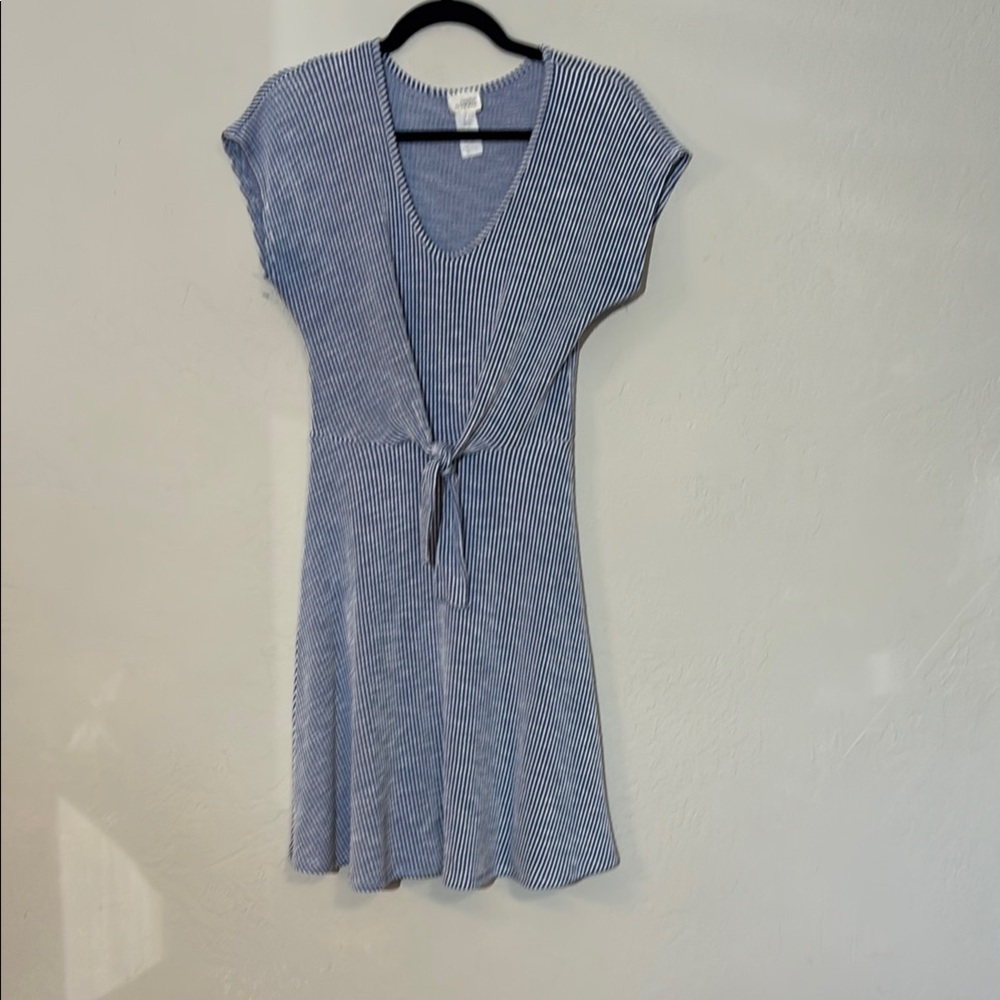 Caution to the Wind - Blue/White Striped V-Neck A-line Dress with front tie